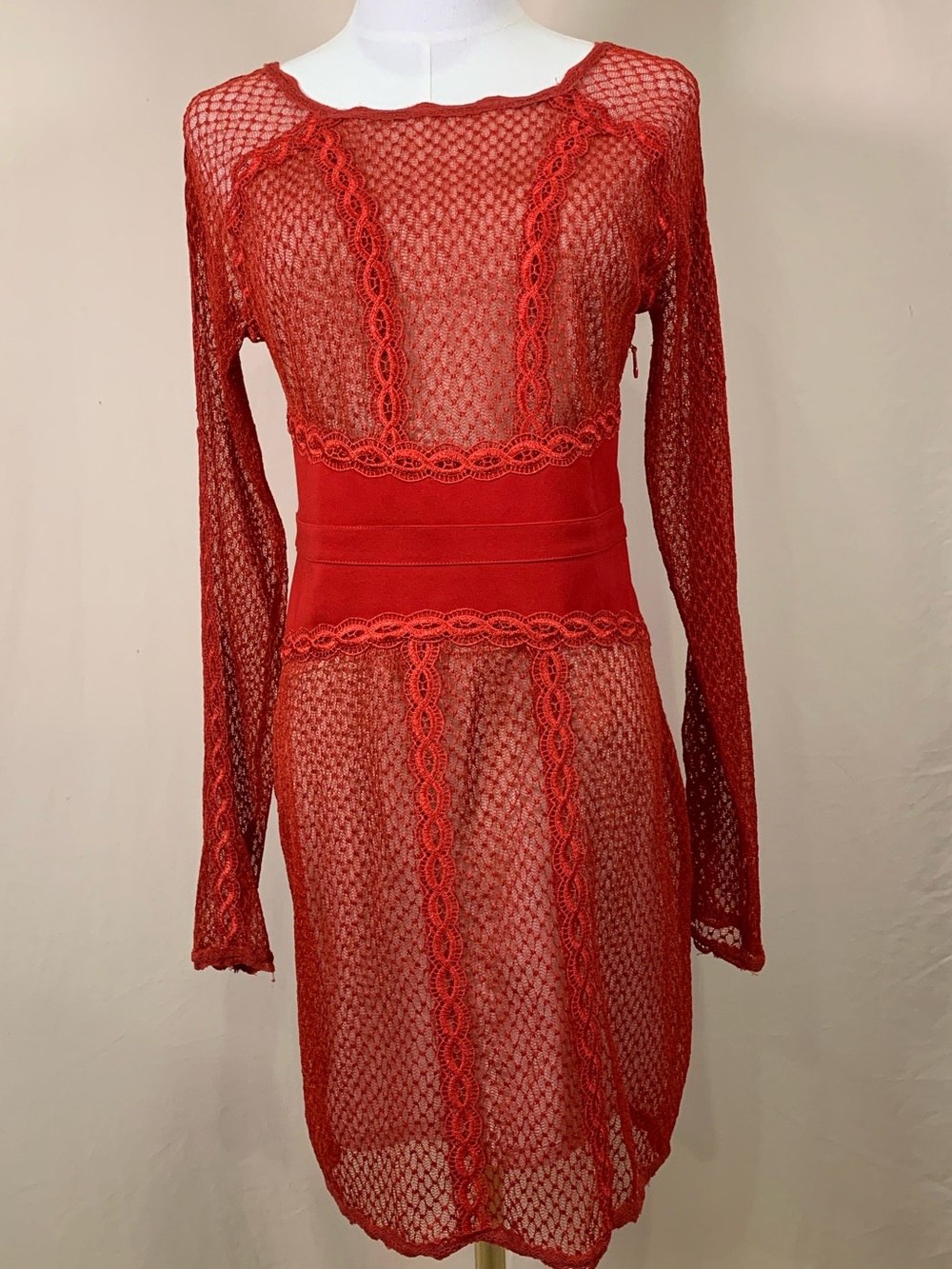 Free People Red Crochet Lace Long Sleeve Mini Dress Small